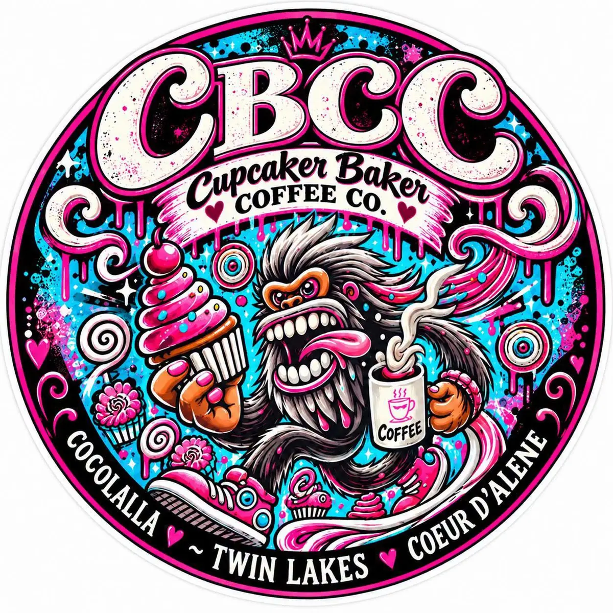 Colorful CupCaker Baker Coffee Co. Sasquatch logo
