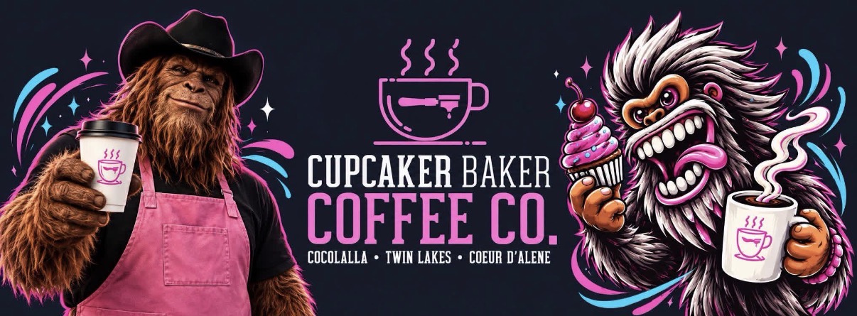 CupCaker Baker Coffee Co. artwork with coffee and cupcake characters
