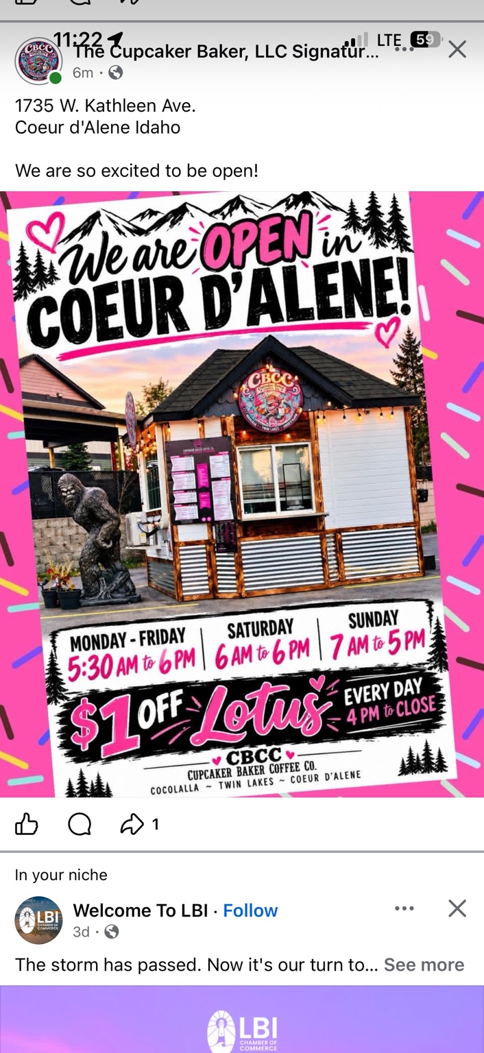 CupCaker Baker Coffee Co. Coeur d'Alene location opening announcement
